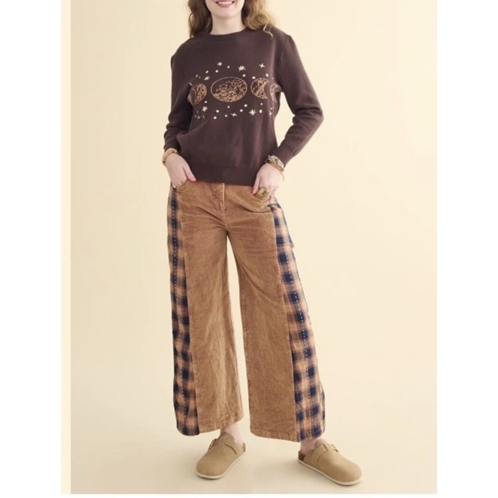 Earthbound Corduroy Wide Leg Pants Plaid Panel Granola Boho Brown Sz Small